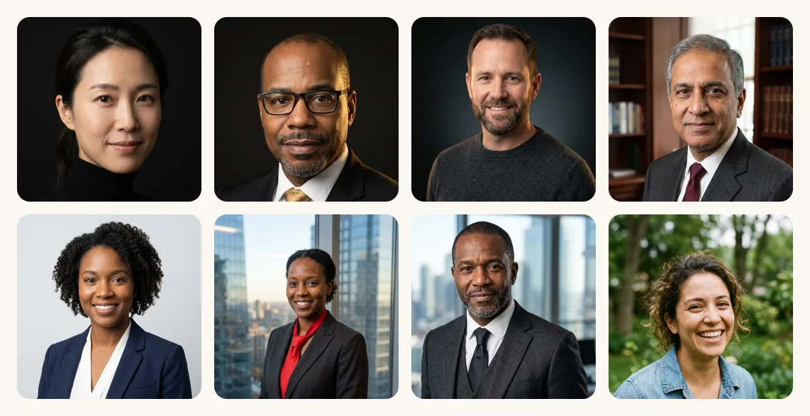 Eight matching professional headshots arranged in a team grid